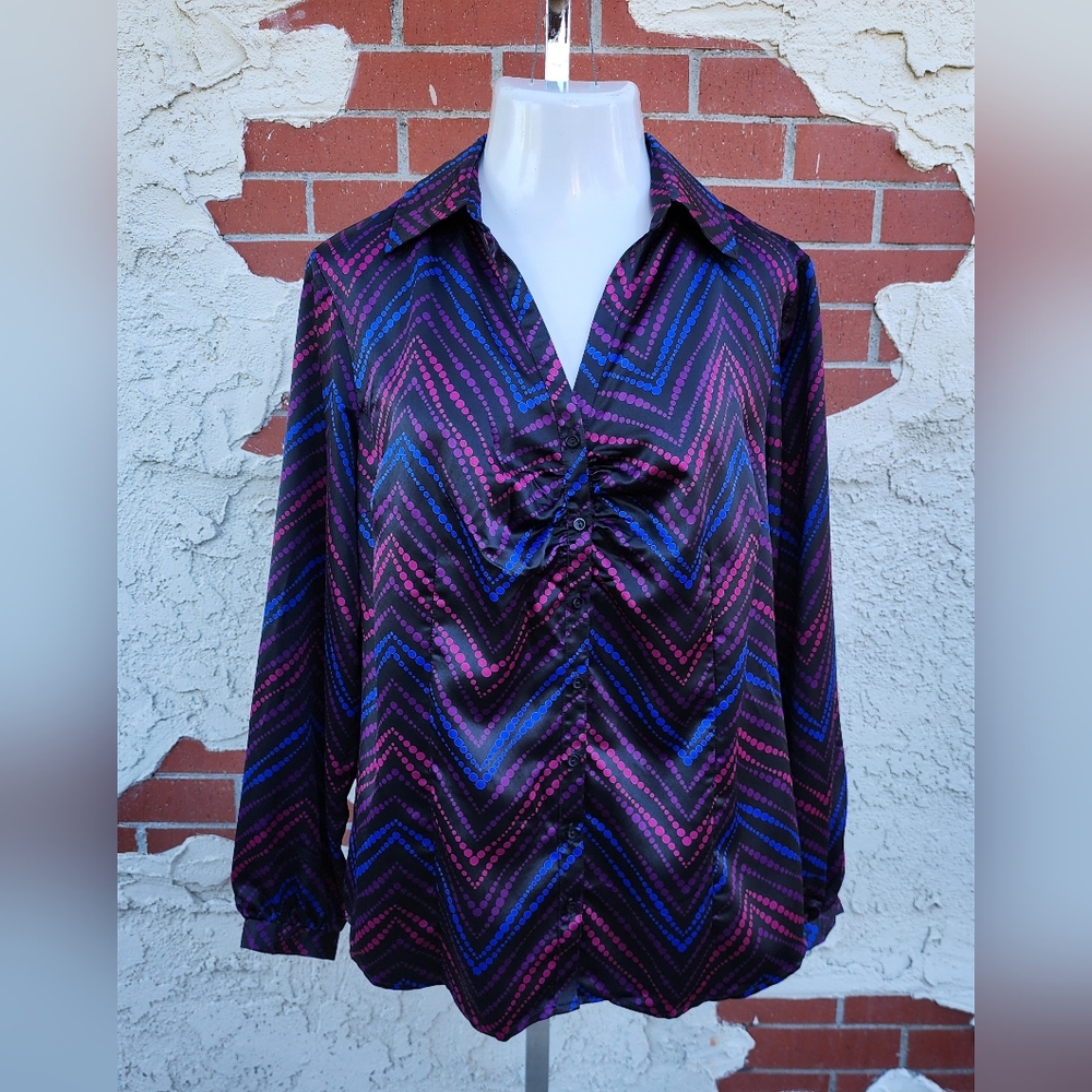 New 1X women JCPenny Worthington Satin button long sleeve blouse shirt business